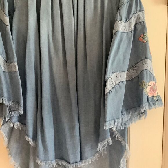 DENIM Blue HIGH-LOW EMBROIDERED LACED SLEEVES OFF-ON OPEN SHOULDER TOP﻿ - Picture 8 of 15